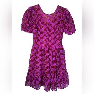 DRESS THE POPULATION Puff Sleeve & Flare Red and Purple Lace Appliqué Dress XS‎